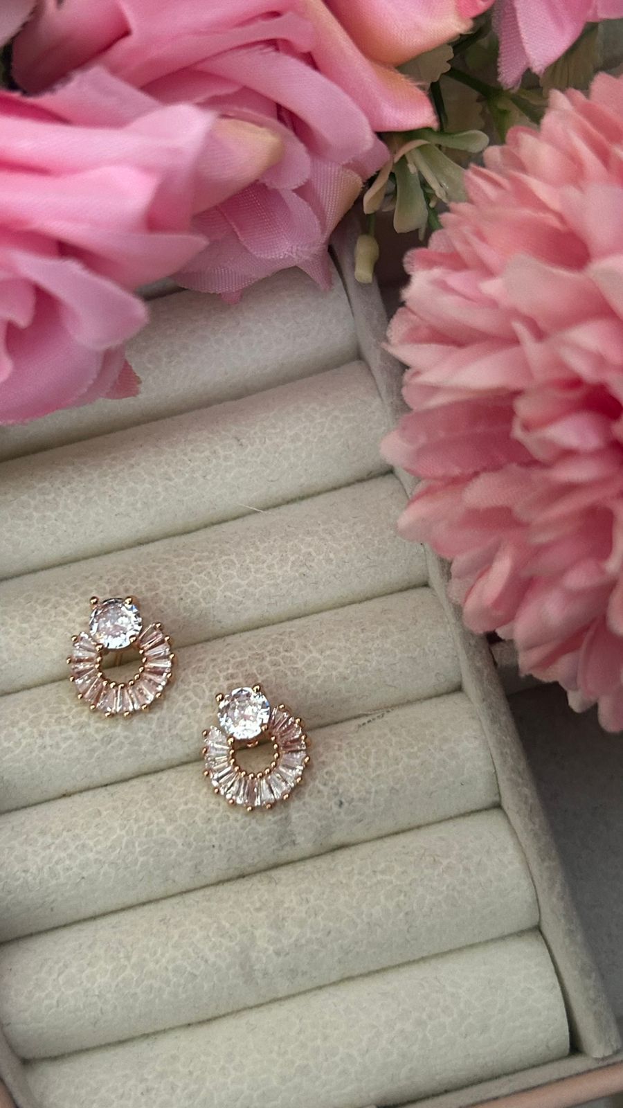 Radiant Half-Halo Stud Earrings with Center Stone & Baguette CZ Crystals