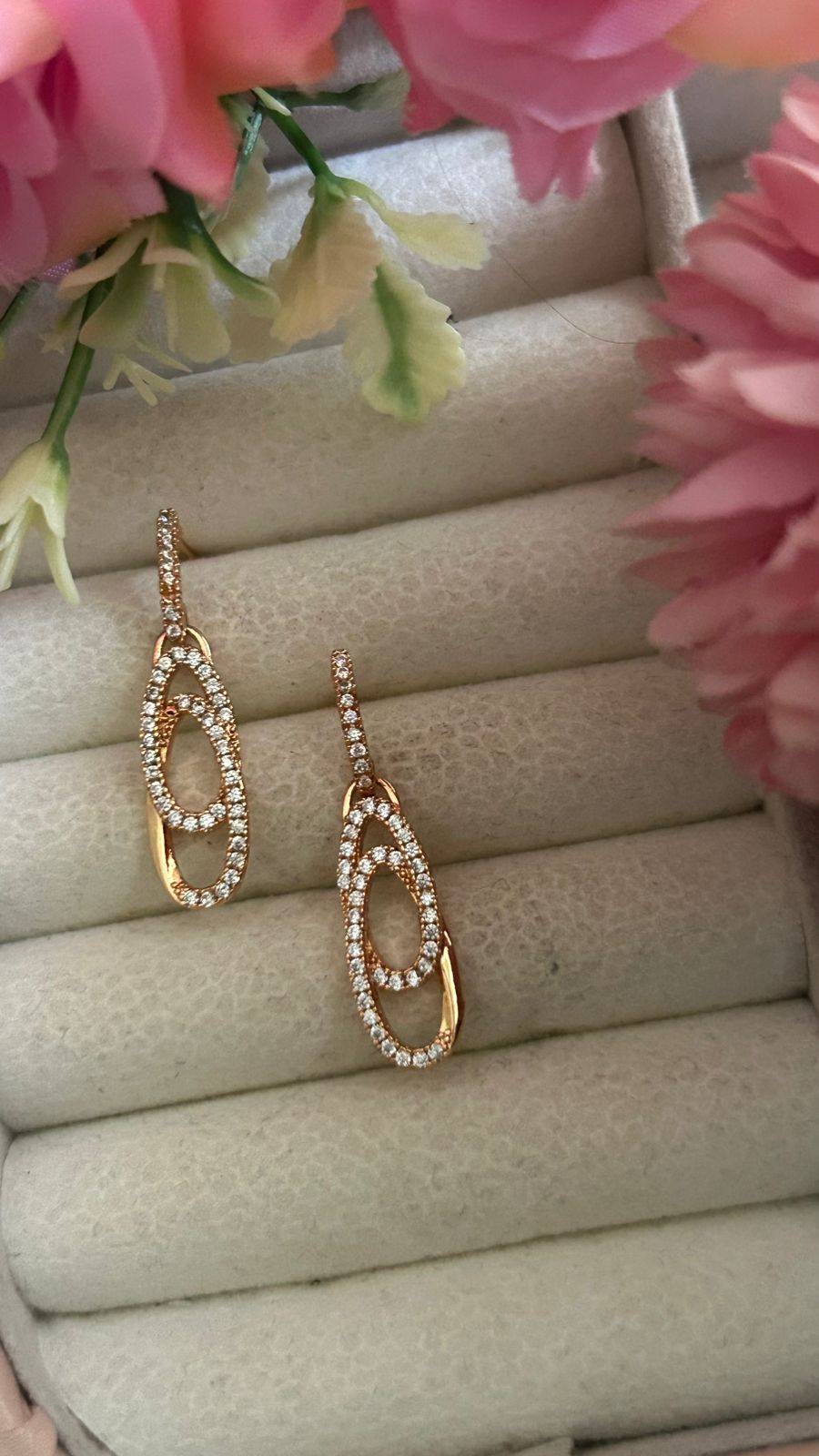 Dual Loop CZ Drop Earrings in Gold Finish