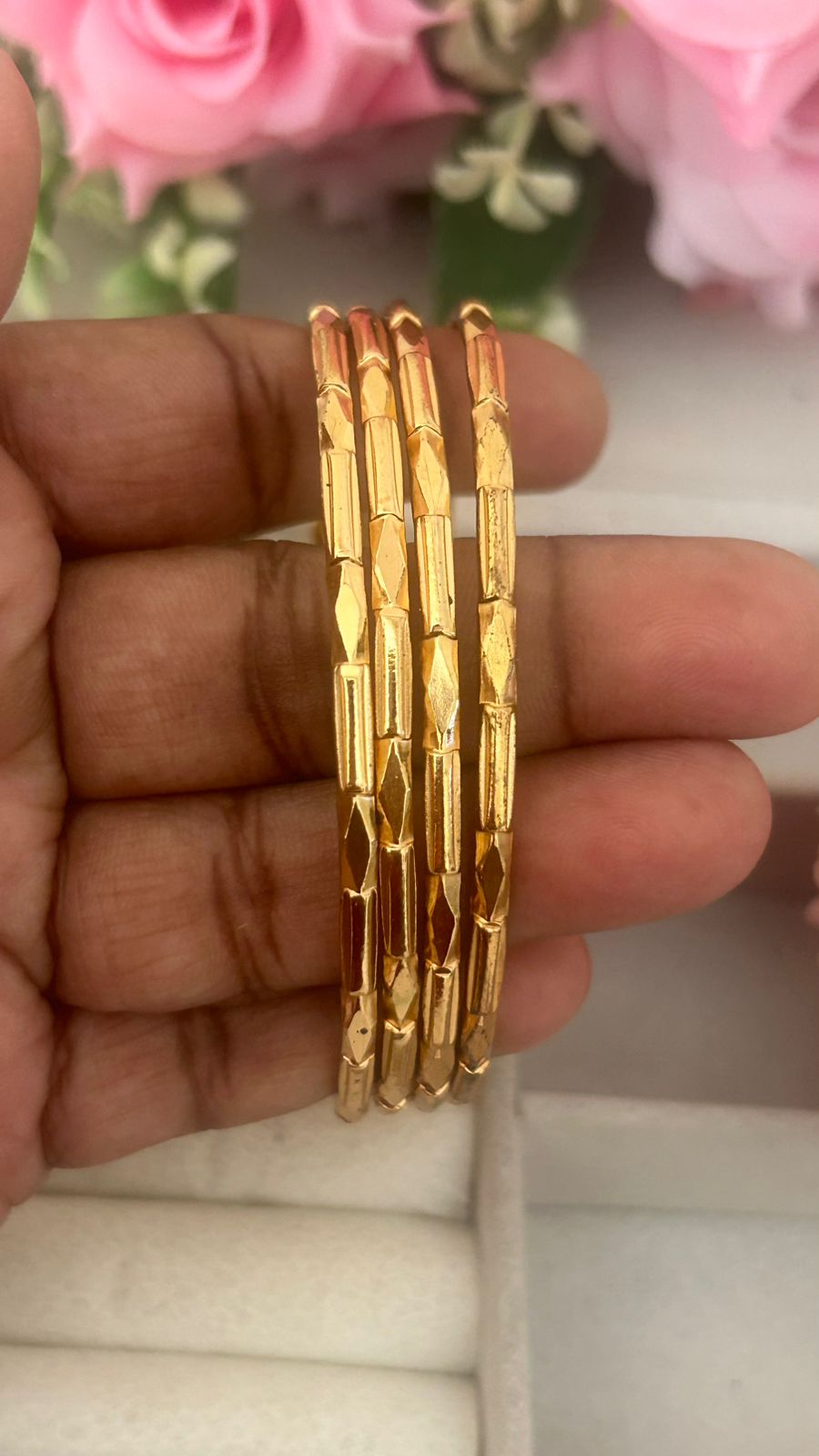 Traditional Panchaloham Unpolished Bangles with Geometric Carving