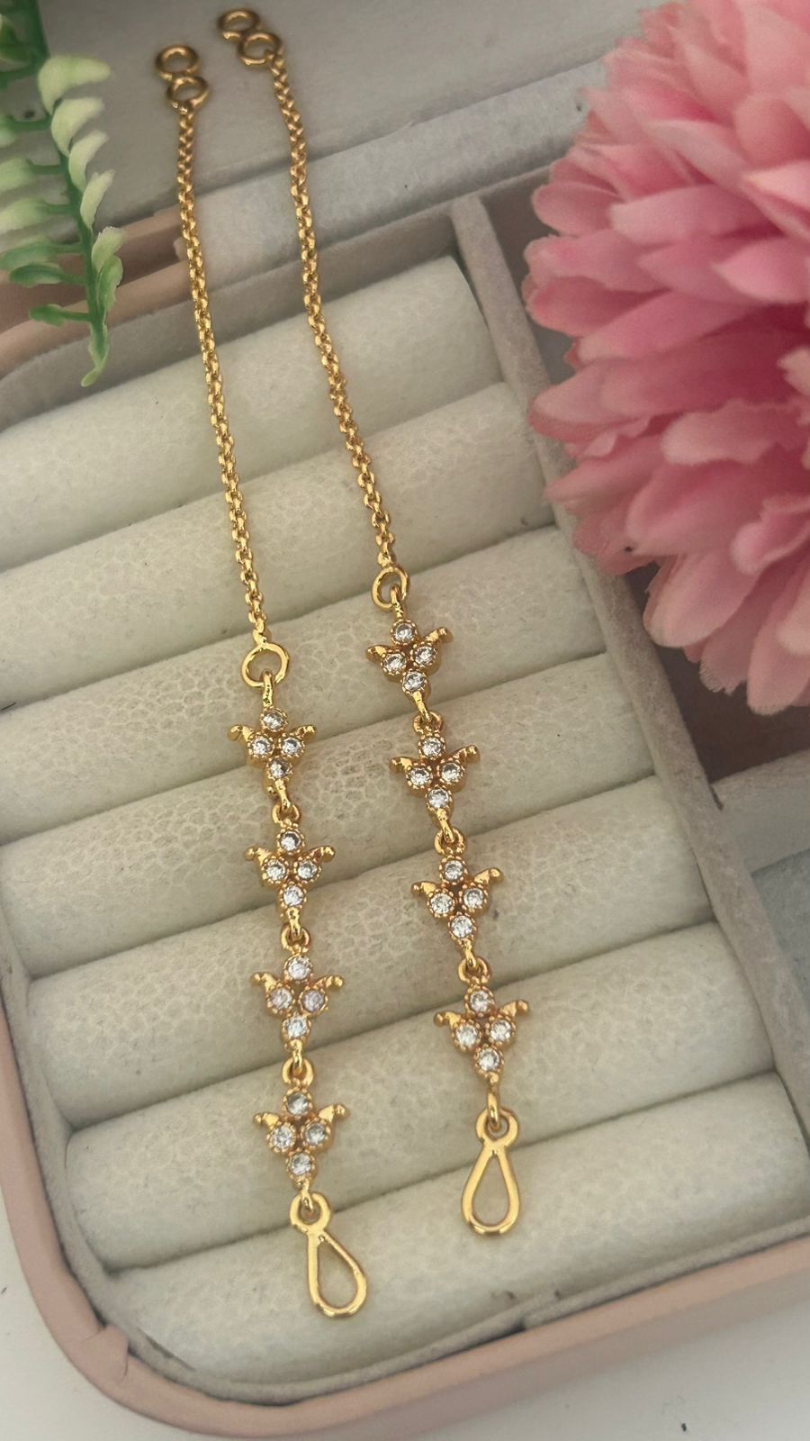 Panchaloham  floral CZ Stone Ear Chains – Traditional Maattal for Bridal and Festive Wear