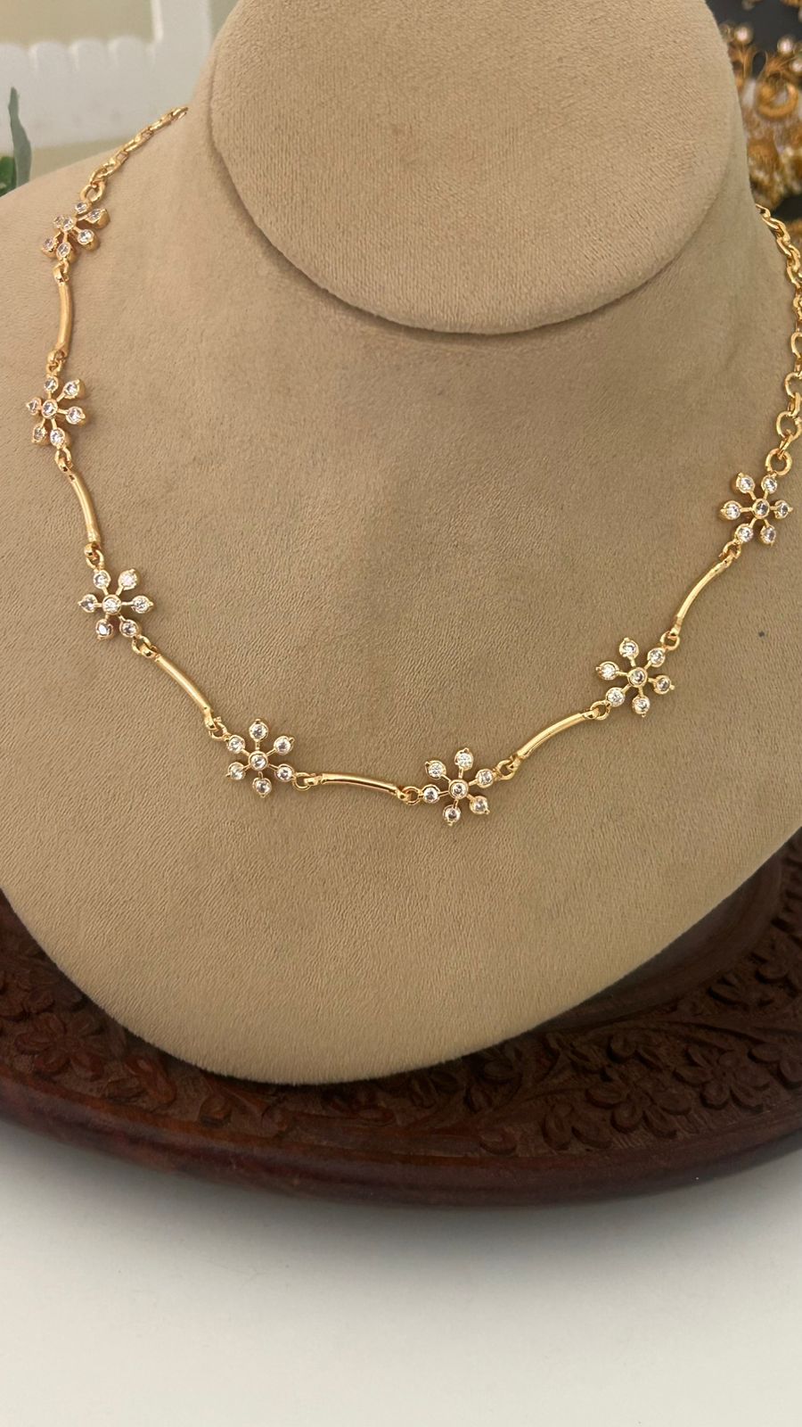 Gold-Plated Floral CZ Necklace – Delicate Chain Design for Festive and Daily Wear