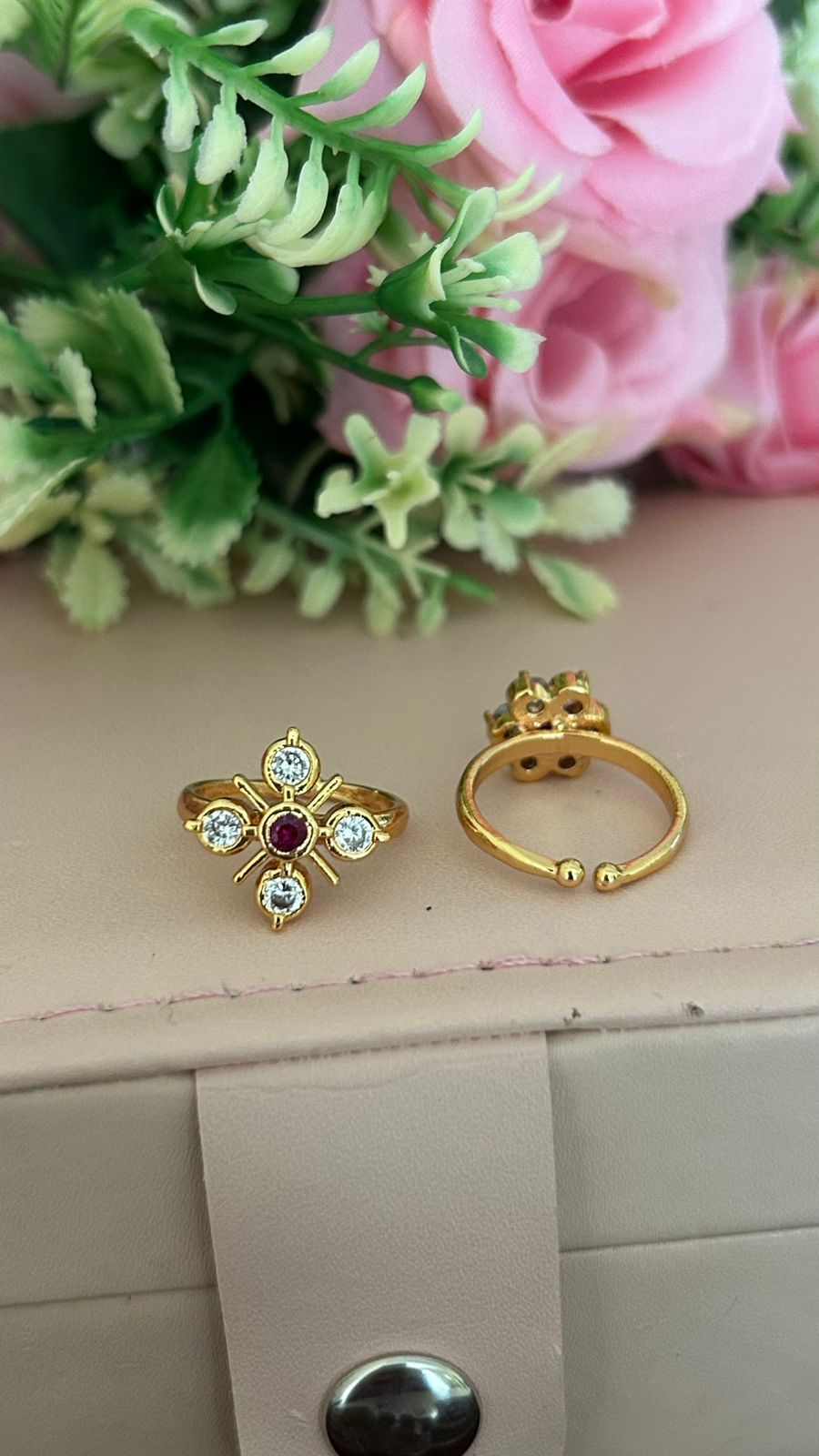 Adjustable Panchaloham  with Gold-Plated Ring with Ruby Center and CZ Accents in Floral Star Design – Fashion Mantra Exclusive