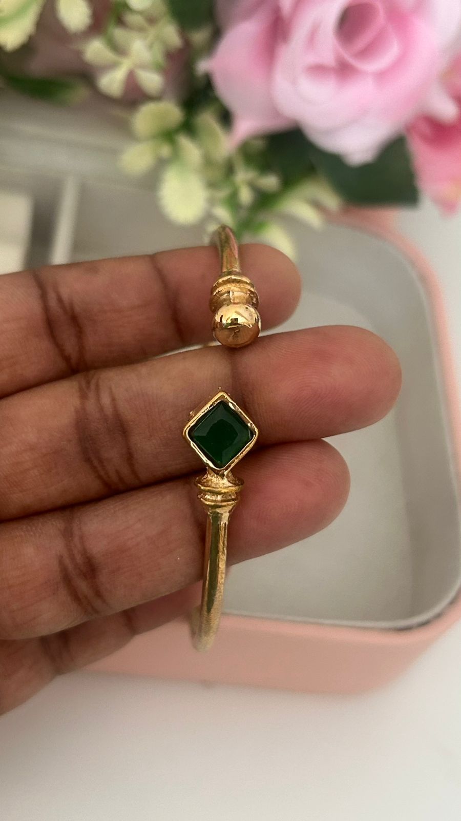 “ Panchaloha Adjustable Kada – Temple-Style Open Kada with Diamond-Shape Stone”