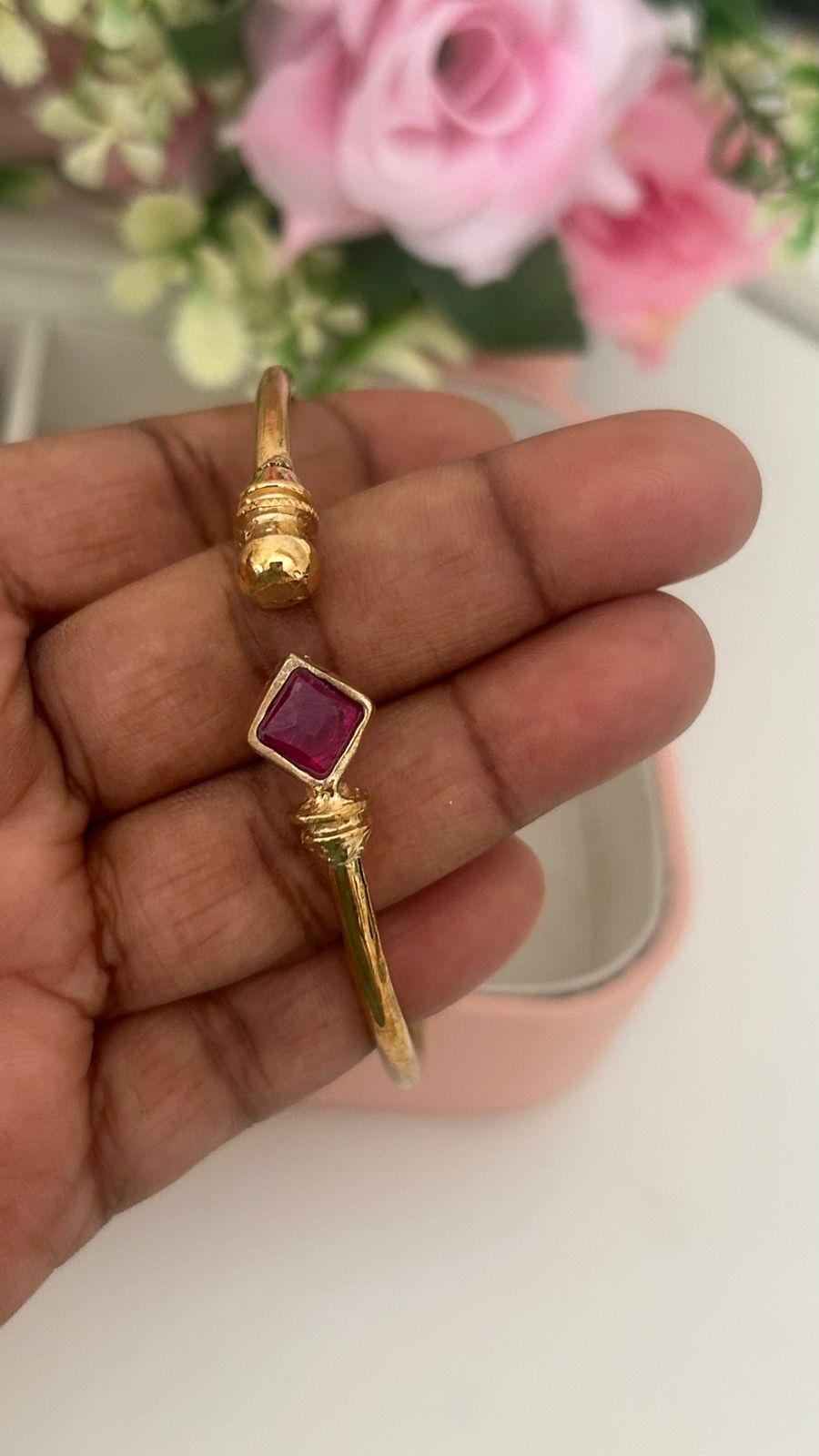 “ Panchaloha Adjustable Kada – Temple-Style Open Kada with Diamond-Shape Stone”