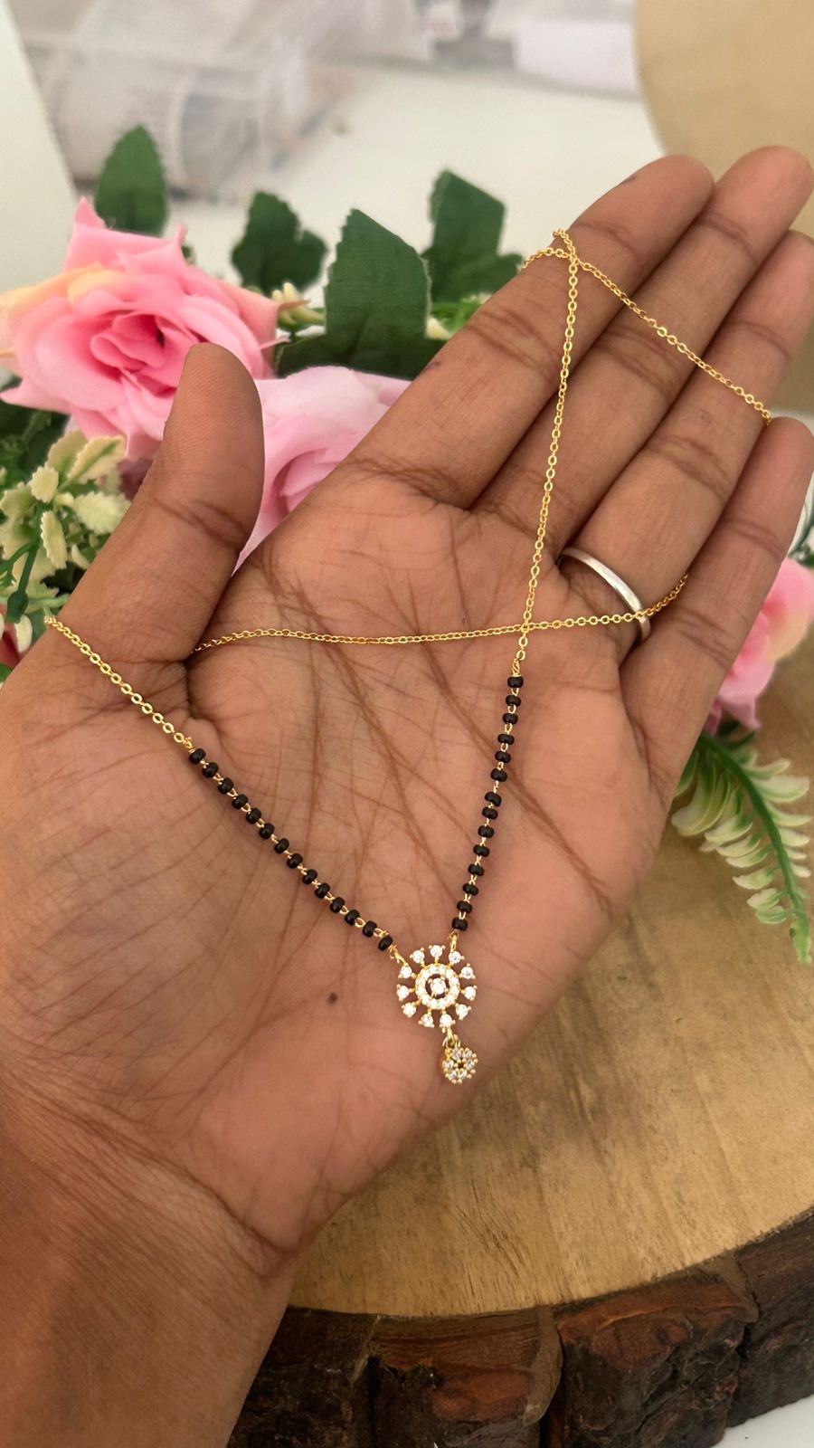 Lightweight Floral CZ Mangalsutra Pendant with Black Bead Chain