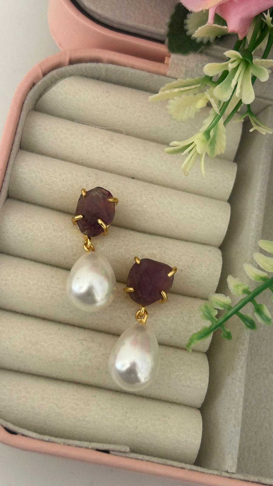 "Raw Stone Stud Earrings with Pearl Drops – Handmade Gold Dangle Earrings for Women, Elegant Boho Jewelry"