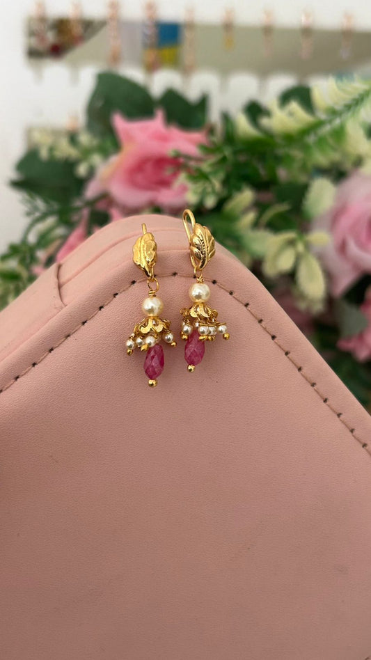 Gold Finish Green Bead Hanging Earrings with Pearl Accents