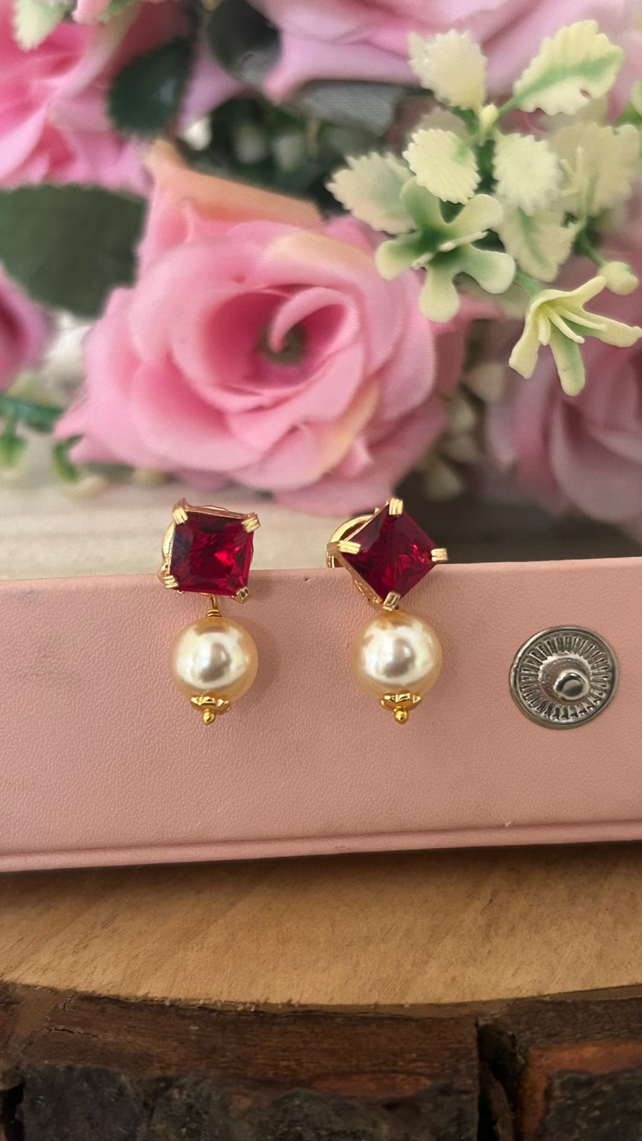 Panchaloha Green Stone Stud Earrings with Detachable Swarovski Pearl Drops