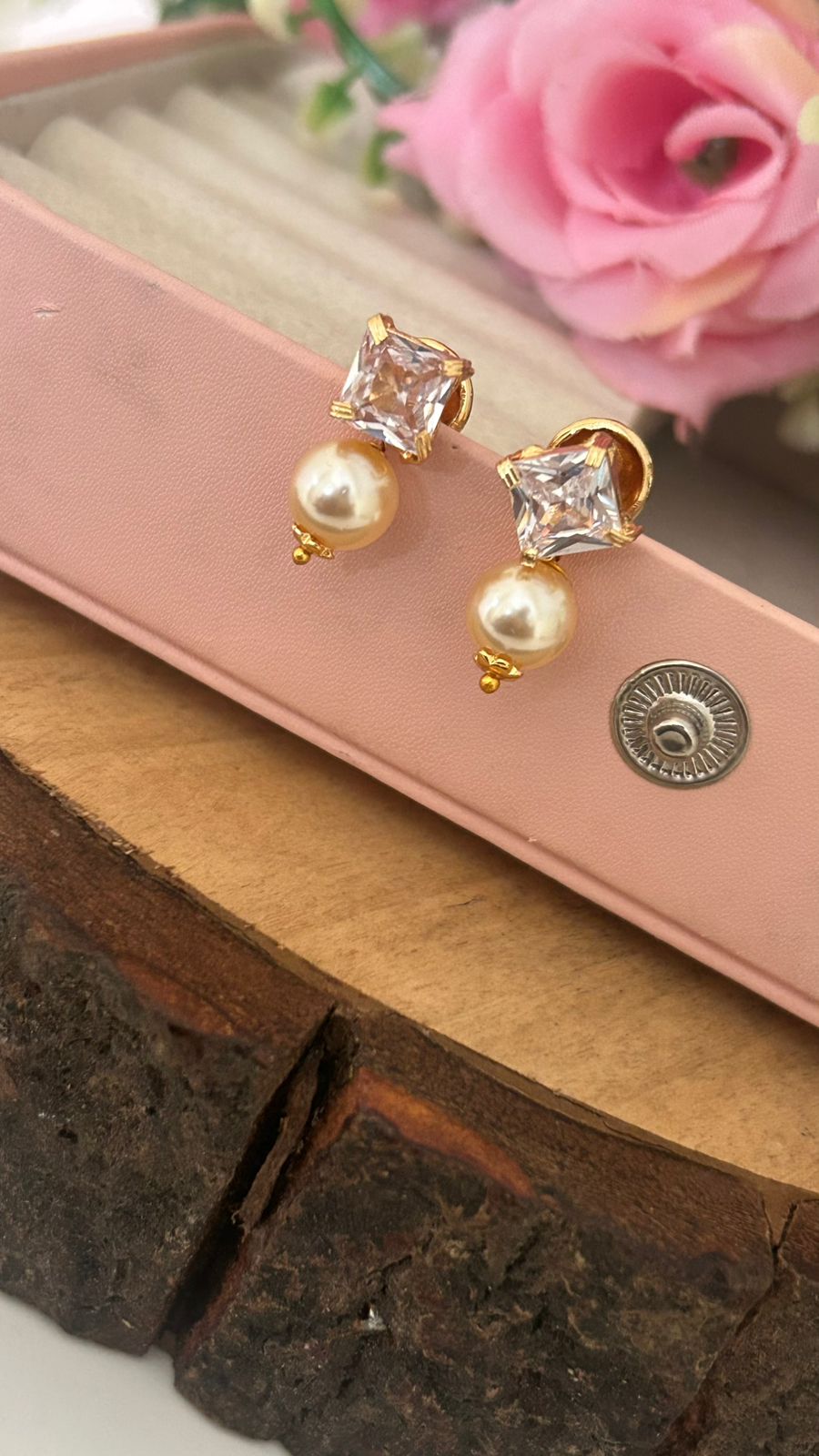 Panchaloha Green Stone Stud Earrings with Detachable Swarovski Pearl Drops