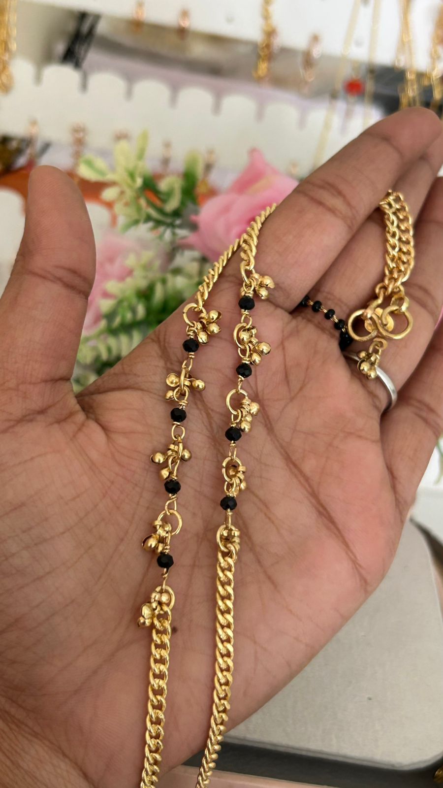 Black Beaded Panchaloha Anklets (10.5 Inch) Unpolished – Traditional Antique Chain Payal with Charms