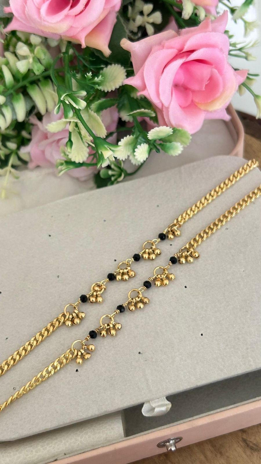 Black Beaded Panchaloha Anklets (10.5 Inch) Unpolished – Traditional Antique Chain Payal with Charms