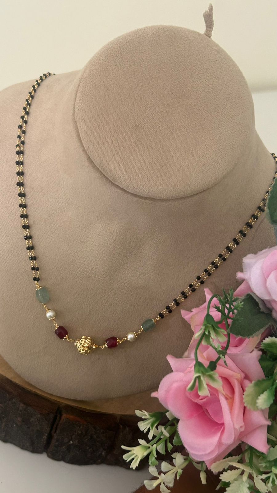 “Classic Mangalsutra Style Chain – Black Beads with Red and Green Stone Centerpiece