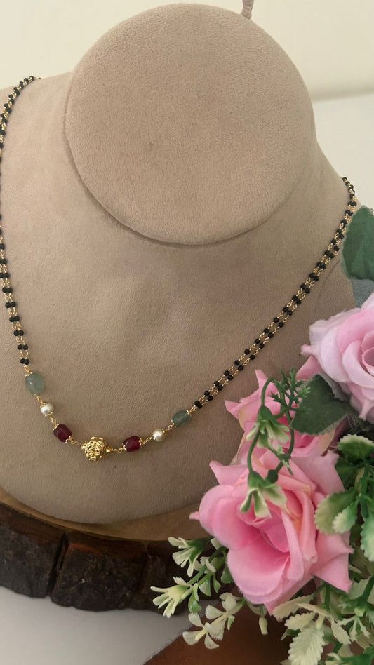“Classic Mangalsutra Style Chain – Black Beads with Red and Green Stone Centerpiece