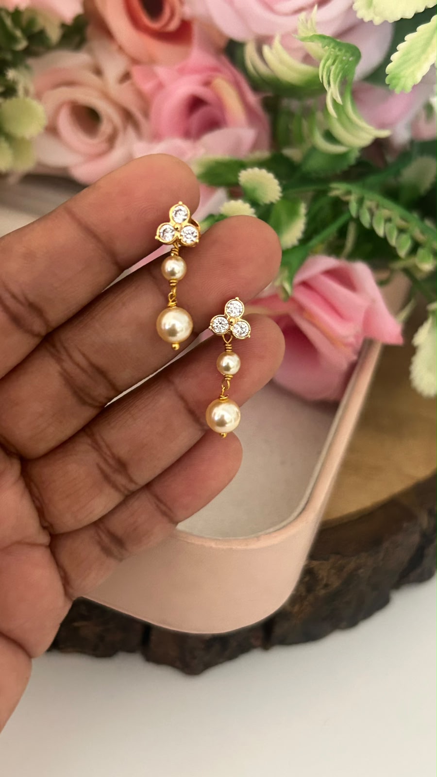Elegant Triple Diamond Stud Earrings in Panchaloham  ( small size)– Delicate Gold Plated Sparkle for Daily Wear