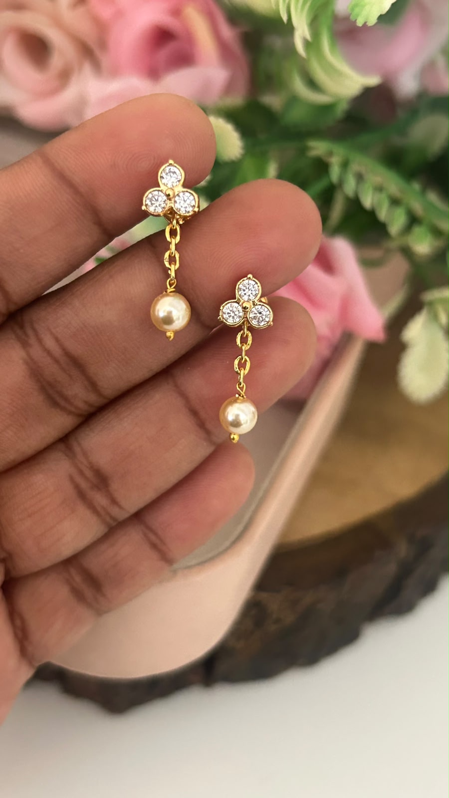 Elegant Triple Diamond Stud Earrings in Panchaloham  ( small size)– Delicate Gold Plated Sparkle for Daily Wear