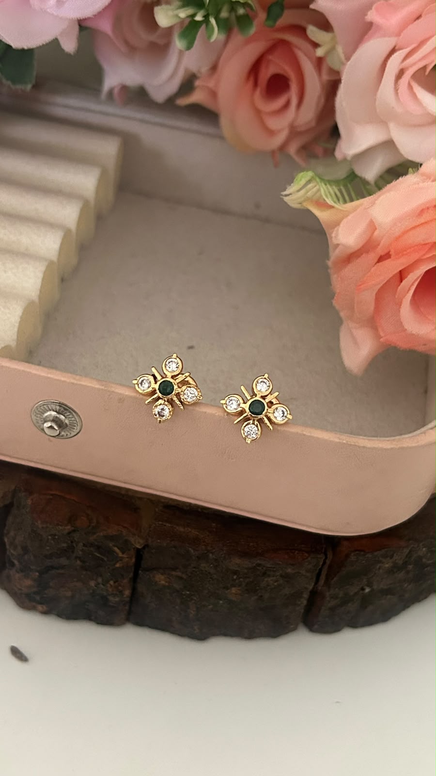 "Elegant Panchaloham  (big)Stud Earrings with Emerald Center and Crystal Accents (big size)– Traditional Gold-Toned Jewelry"
