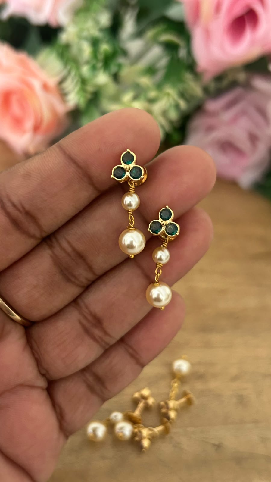 Elegant Triple Diamond Stud Earrings in Panchaloham ( small size) in green