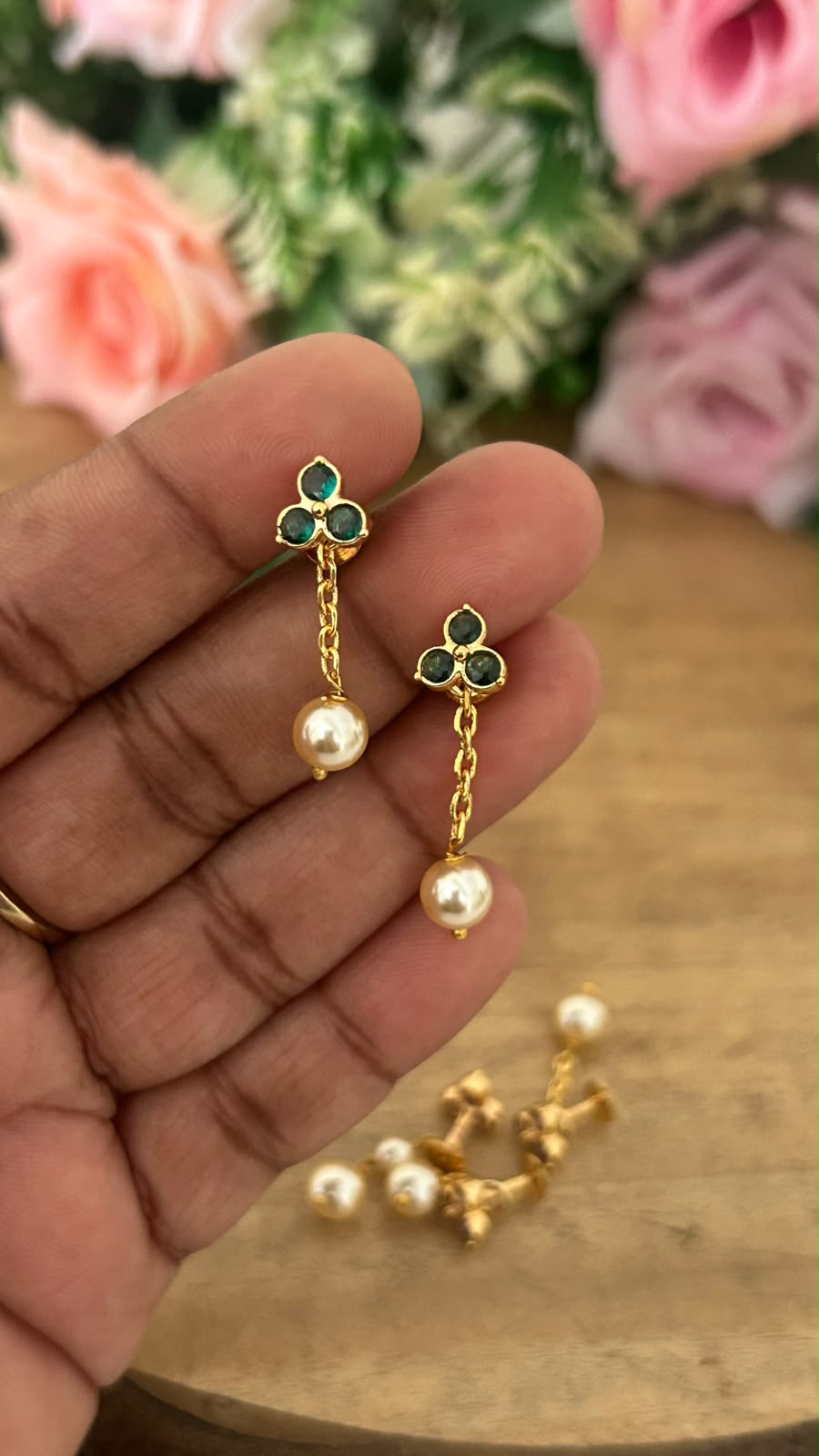 Elegant Triple Diamond Stud Earrings in Panchaloham ( small size) in green