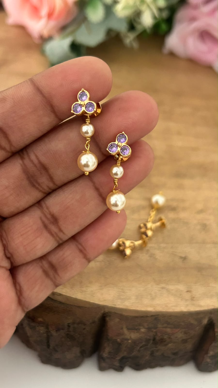 Elegant Triple Diamond Stud Earrings in Panchaloham ( small size) in purple