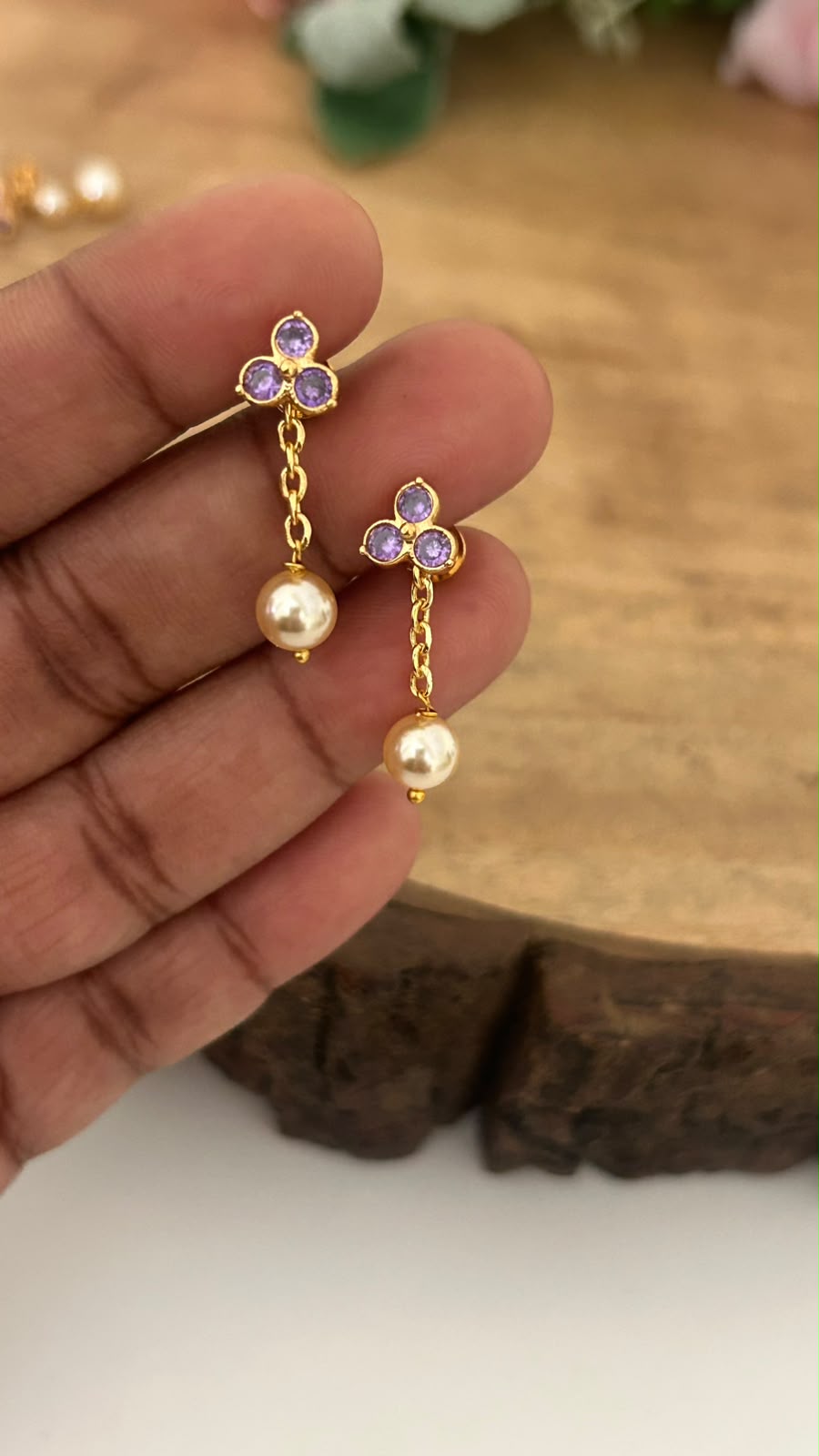 Elegant Triple Diamond Stud Earrings in Panchaloham ( small size) in purple