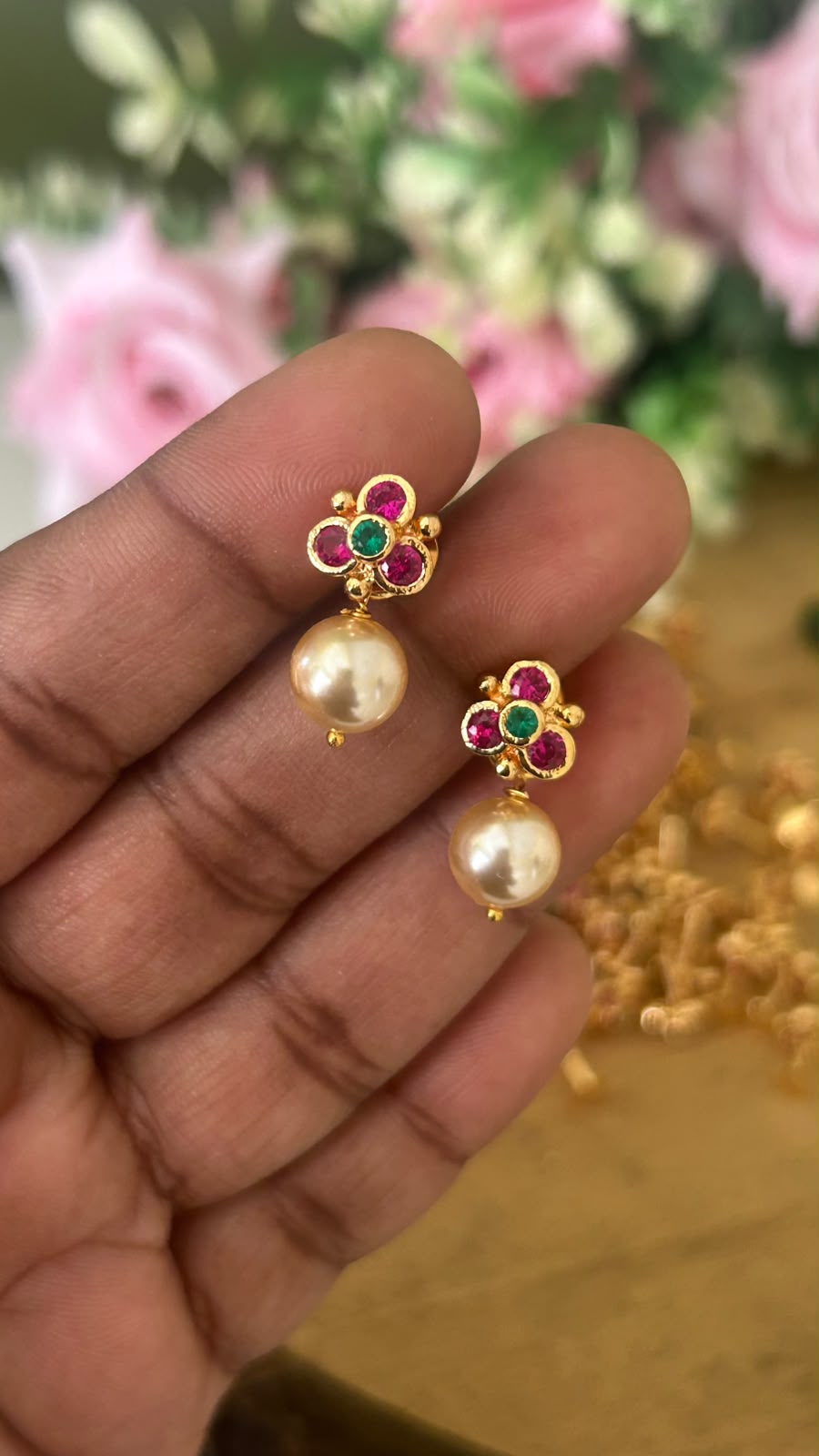 Panchaloham Multicolor Floral Stud Earrings with Gold Polish