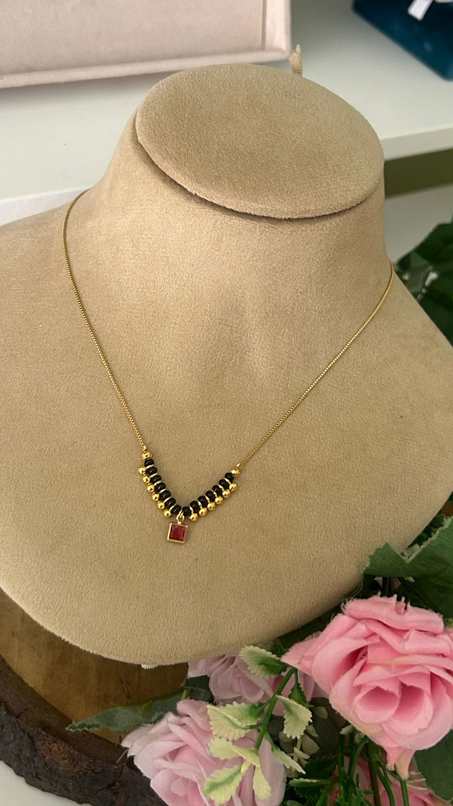 Minimalist Gold Mangalsutra with Square Red CZ Gemstone Stone