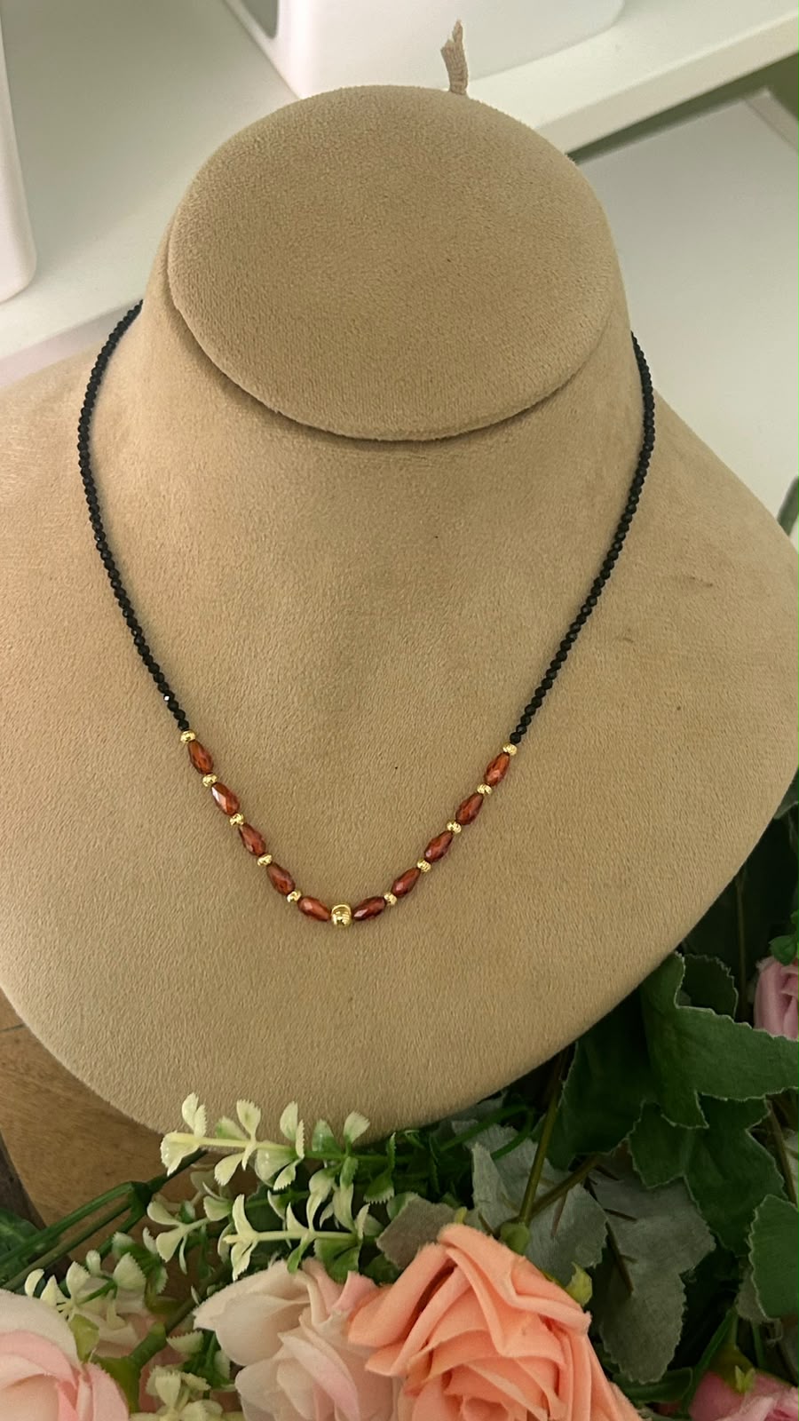Trendy Single-Line Black Beads Mangalsutra Necklace with Amber Brown Crystal Beads & Gold-Tone Spacers for Women – Elegant Daily Wear Jewellery