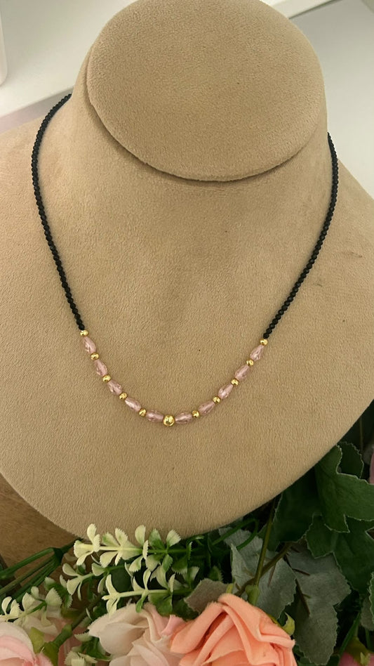 Elegant Single-Line Black Beads Mangalsutra Necklace with Blush Pink Crystal Beads & Gold-Tone Accents – Trendy Daily Wear Jewellery for Women