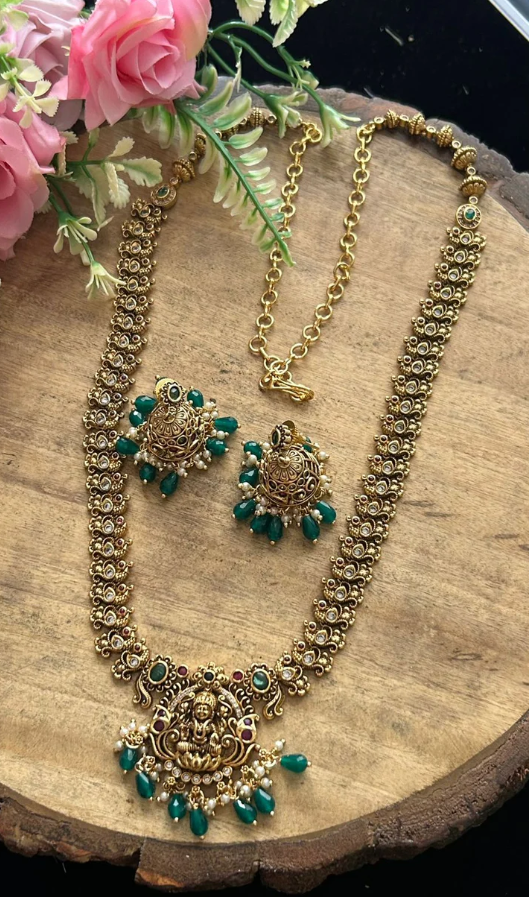 Antique Gold Lakshmi Necklace with Green Beads & Jhumka Earring