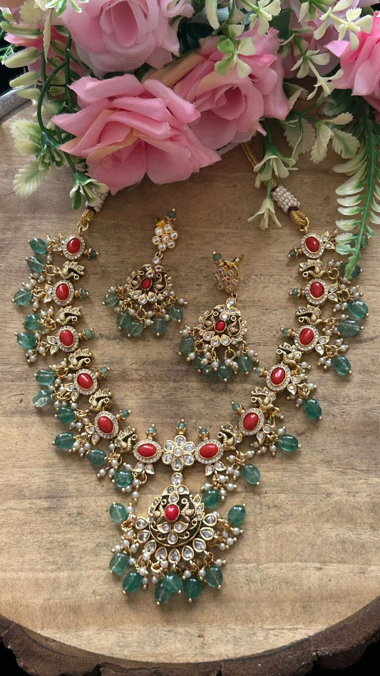 Bridal Temple Jewellery Necklace Set with Red Stones, Green Beads & Earrings