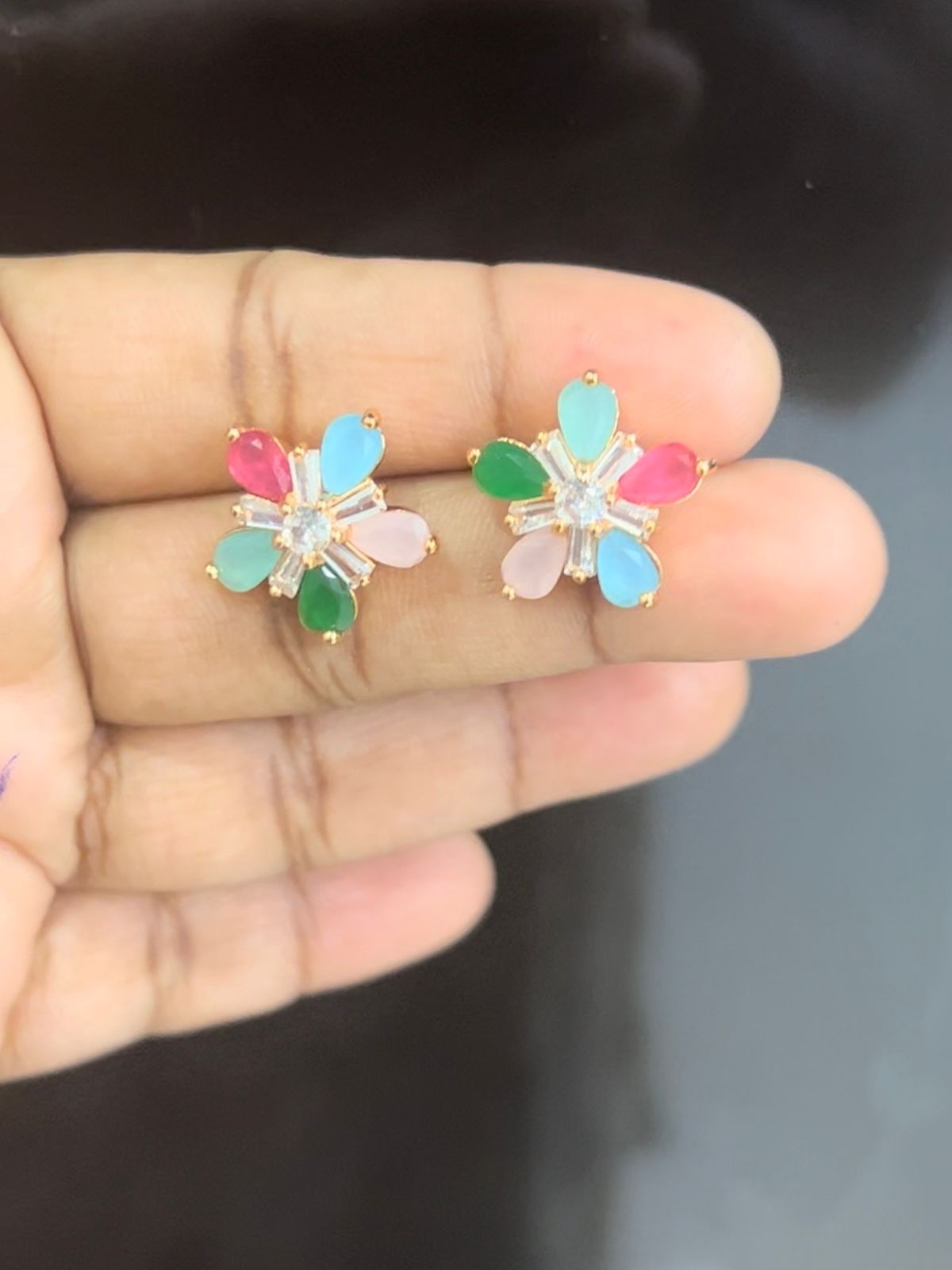 Multi color Stud Earrings with White Stones in Center