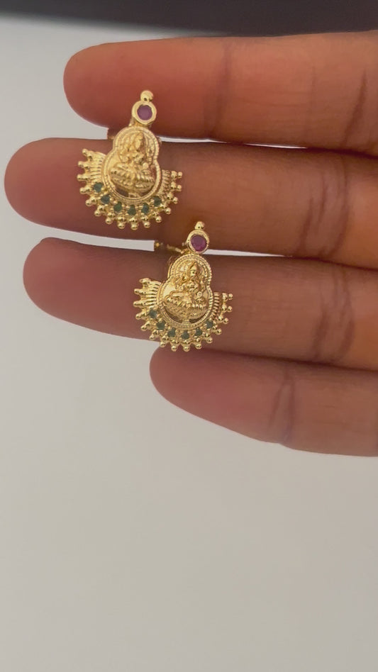 Lakshmi devi screwback earrings with red n green stones