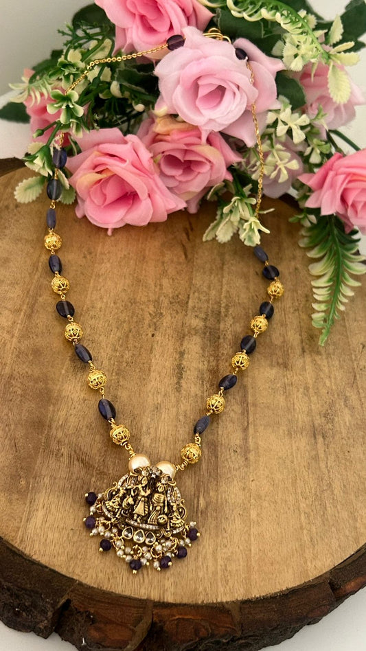Antique Radha Krishna Temple Necklace with Purple Beads & Pearl Drops