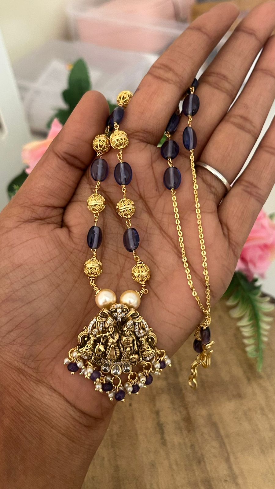 Antique Radha Krishna Temple Necklace with Purple Beads & Pearl Drops